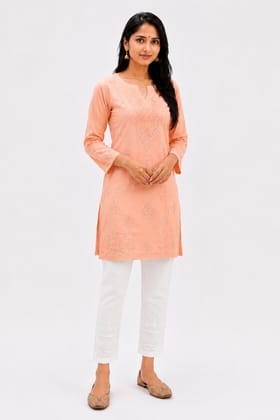 Mrs Right Women's Premium Malmal Cotton Handcrafted Chikankari Kurti Pant Set | Short Kurta with Embroidered Pants | Casual, Festive & Office Wear