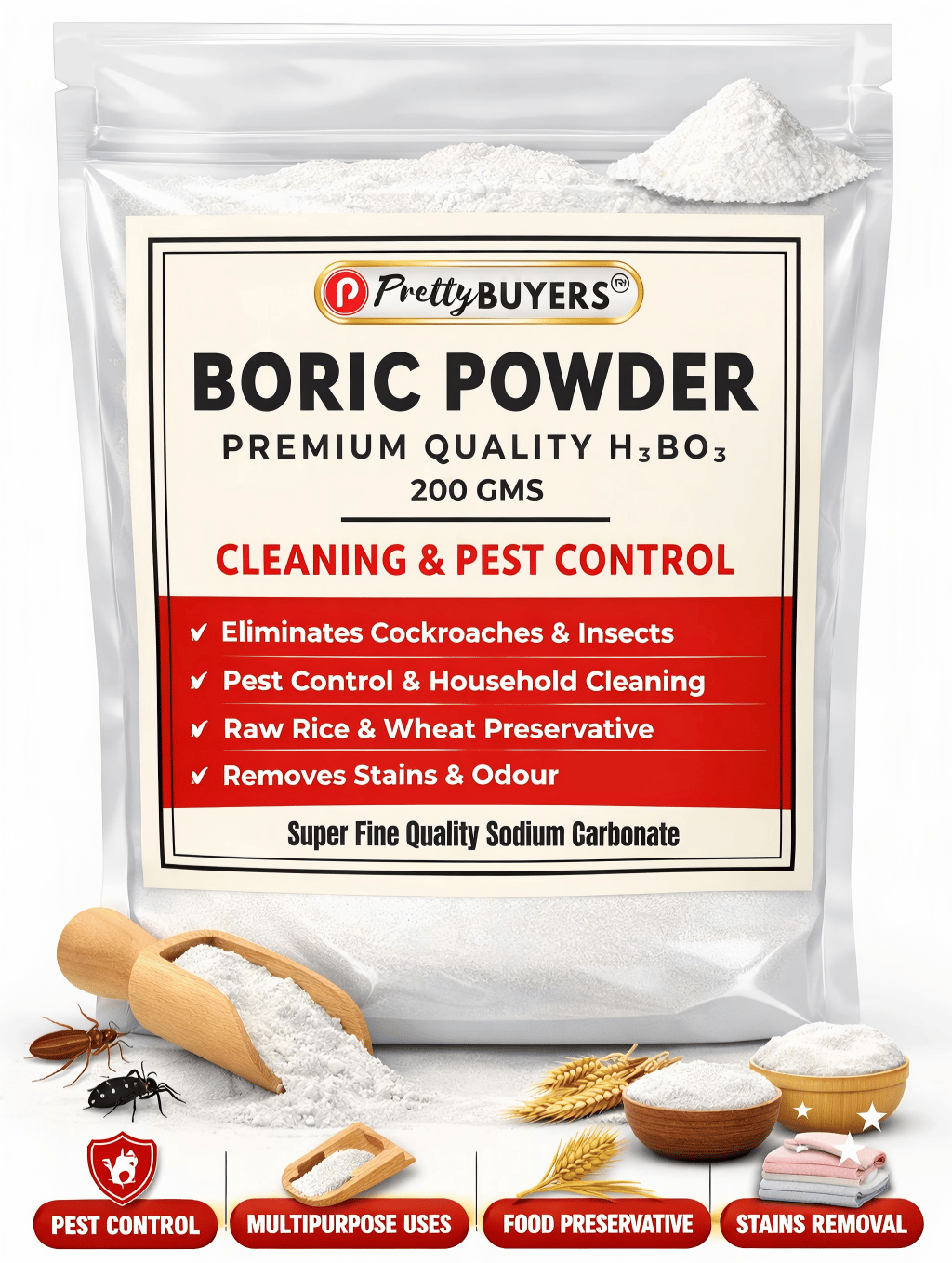 Boric Acid Powder for Cockroaches, Ant Repellent, Bed Bugs Killer, Carrom Board Powder, Rice Preservative, Kitchen Cleaner, Stain Remover, Industrial Cleaning Agent, Natural & Safe-200 GM (Pack Of 1)