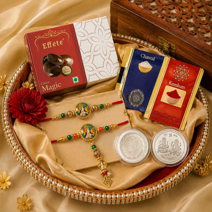 DHRUVINSRI Lumba Bhabhi Bhaiya  Rakhi Gift Hamper - 6-Item Raksha Bandhan Gift for Brother – 1 Assorted Nuts Chocolate Box, 1 Laxmi-Ganesh Blessing Coin, 2 Tilak Set-Chawal, & more | Premium Gift Hamper Combo Set