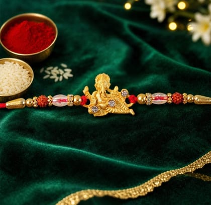Dhruvinsri  5Pcs  Ganapati Blessings Rakhi  & Gift Hamper . 1 Laxmi Ganesh Coin, 1 Tilak Set-1 Pc- Ganesha Rakhi – Rudraksha & Pearl Beads for Brother