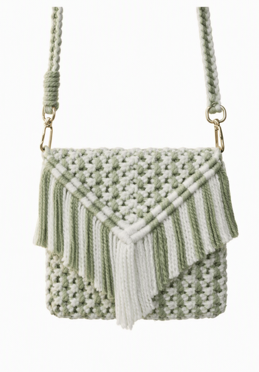 Green and White Macrame Fringed Crossbody Bag