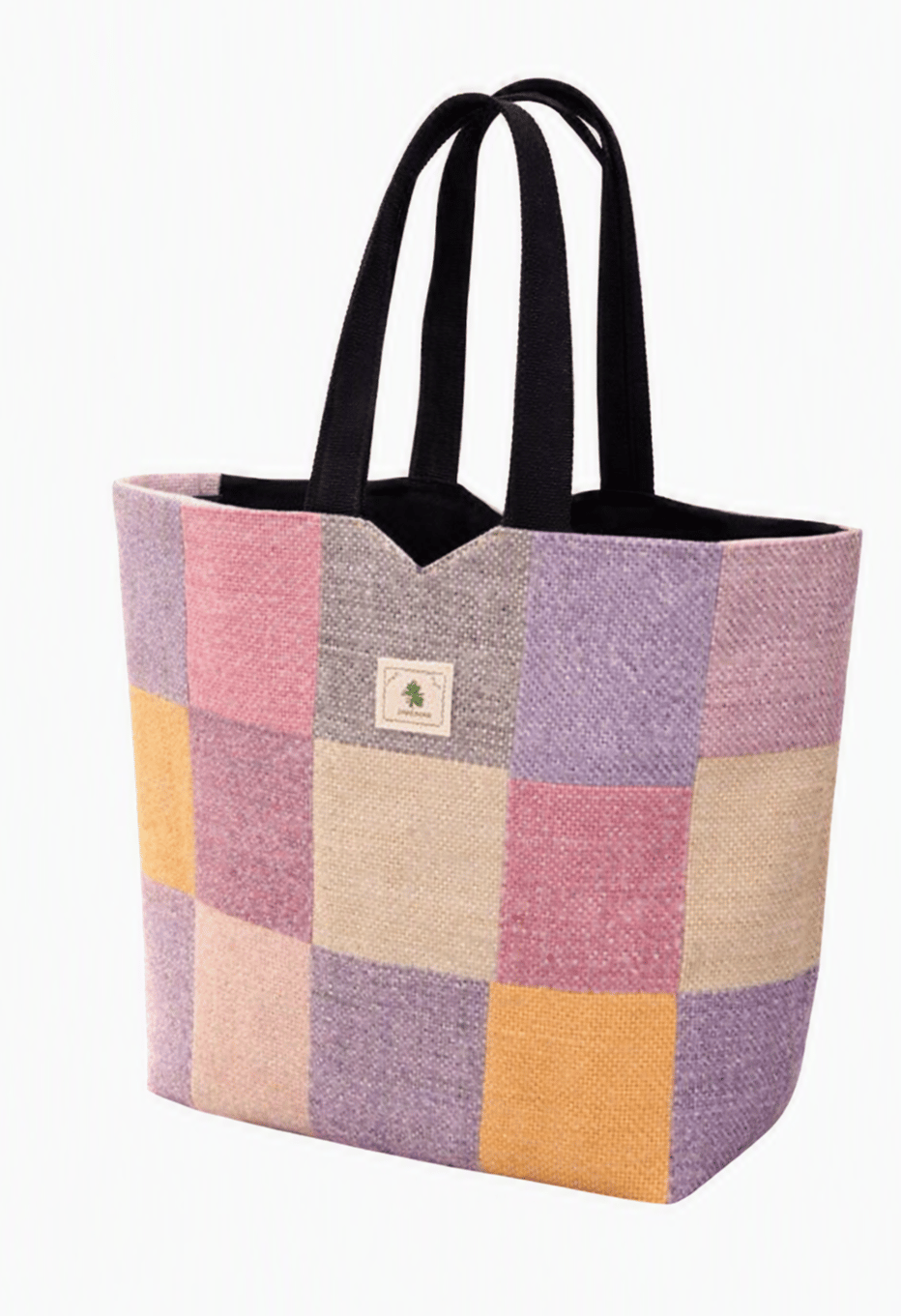 Multicolor Patchwork Canvas Tote Bag with Black Handles