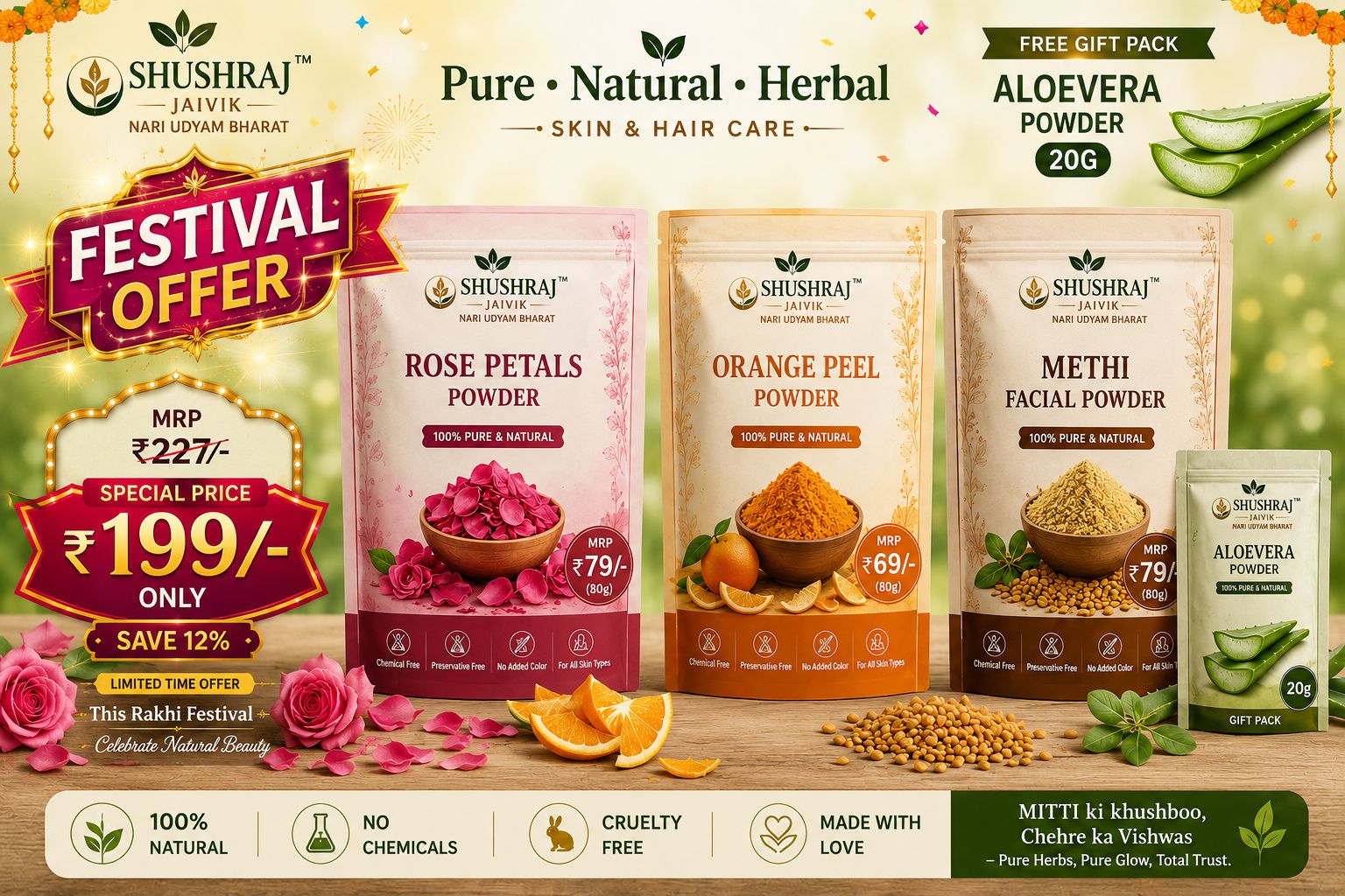 SHUSHRAJ JAIVIK Pure Natural Herbal Face Care Combo Pack | Rose Petals Powder 80g + Orange Peel Powder 80g + Methi Facial Powder 80g + FREE Aloe Vera Powder 20g | Total Net Weight 260g