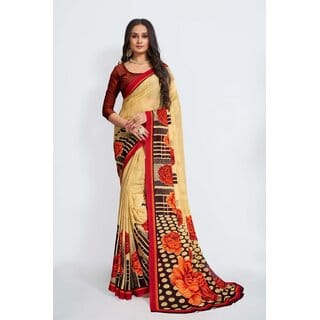 SVB Sarees Womens Cream Colour Floral Printed Saree With Blouse Piece
