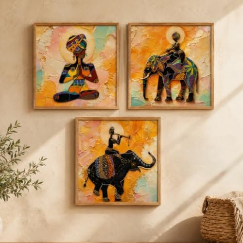 Set of 3 Rajasthani Folk Elephant Wall Paintings with Sparkle Laminate, Wooden Synthetic Frame, Traditional