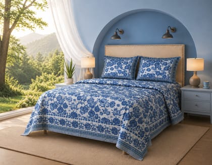 Dhruvinsri Double King Size Combed Cotton Bedsheet , Floral Hand Block Printed Luxury Bedsheet , 100*108 Inches, 2 Pillow Covers, Set- indigo Color)