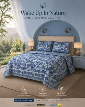 Dhruvinsri Double King Size Combed Cotton Bedsheet , Floral Hand Block Printed Luxury Bedsheet , 100*108 Inches, 2 Pillow Covers, Set- indigo Color)