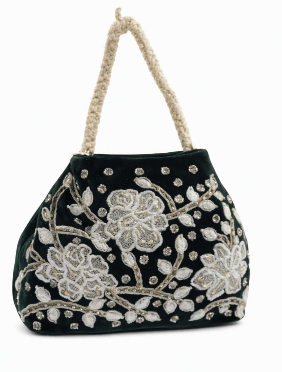 Dark Green Velvet Floral Embroidered Potli Pouch Bag with Cord Handles for Women