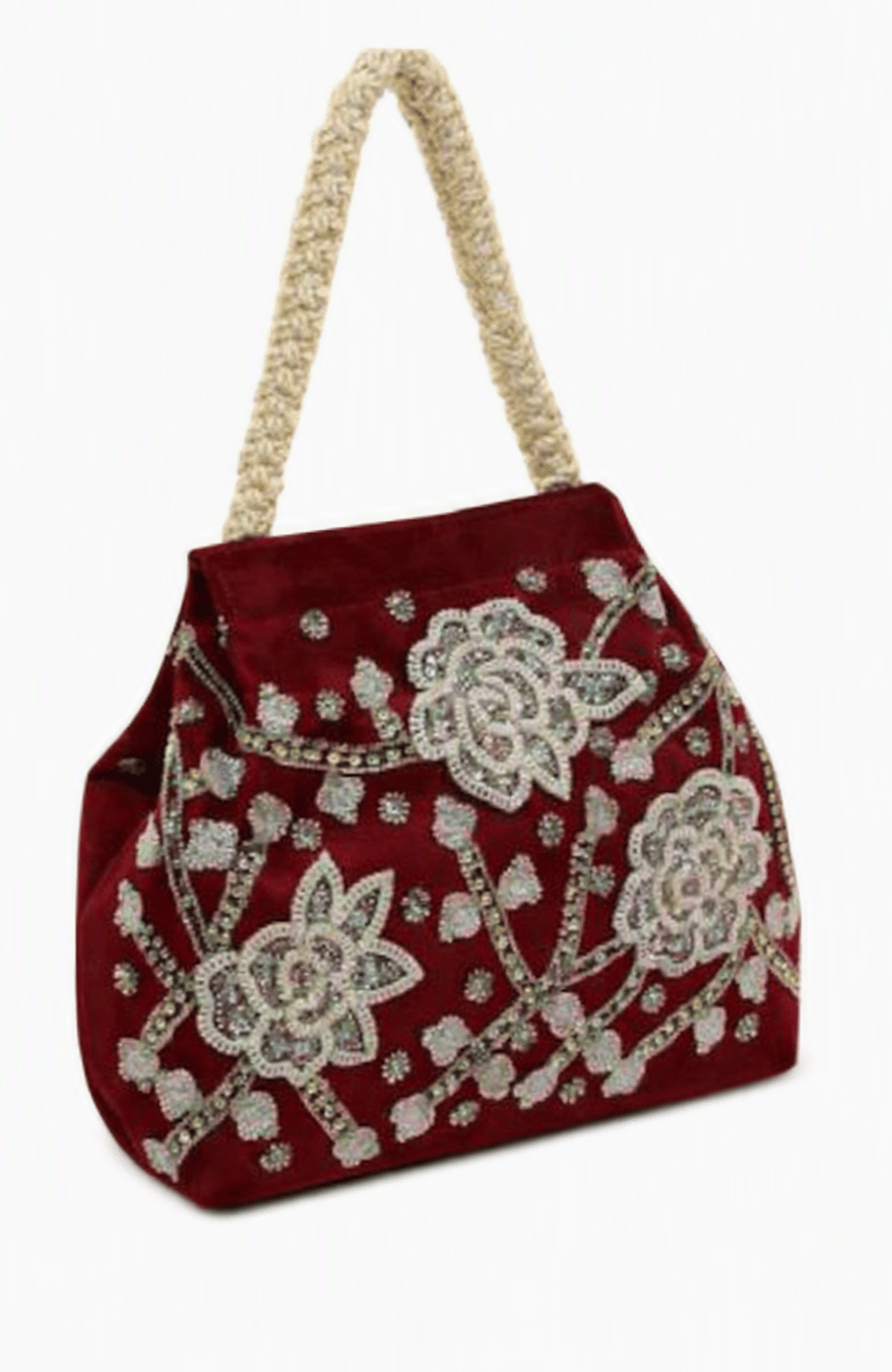 Women's Maroon Velvet Embroidered Floral Potli Bag