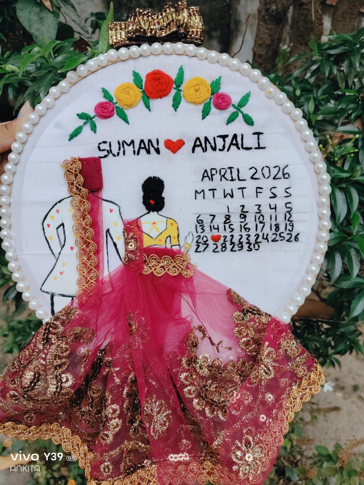 Handmade Personalized Couple Portrait & Calendar Embroidery Hoop Art