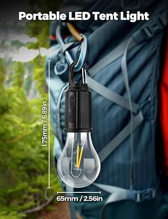 Rechargeable Camping Hanging Bulb with 3 Light Modes, USB Rechargeable LED Tent Lamp with Carabiner Hook, Portable Hanging Light for Camping, Hiking, Backpacking & Emergency Use
