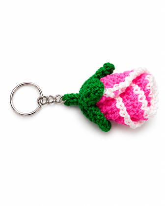 Handmade Crocheted Rose Flower Keychain - Pink and Green Handmade Crocheted Rose Flower Keychain - Pink and Green
