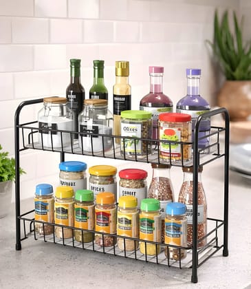 Heavy Duty Multipurpose 2 Layer Mild Steel Kitchen Storage Organizer Rack | Standing Spice Rack | Countertop Pantry Storage Shelf | Kitchen Rack for Jars, Bottles & Accessories (Original)
