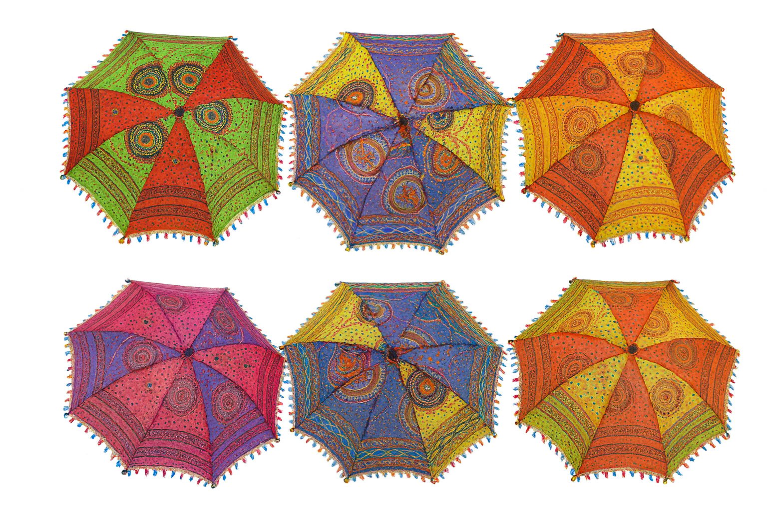Decorative Rajasthani Embroidered Cotton Parasols, Set of 6