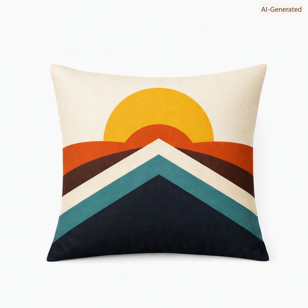 Mid-Century Modern Geometric Sun Throw Pillow, Square Decorative Cushion