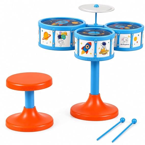 MiniExplorer Jazz Drum Set for Kids | Musical Toy Set with 3 Drums, 1 Cymbal, Drumsticks & Stool | Durable Plastic Learning Toy Music Instrument for Boys & Girls for 3 Years+