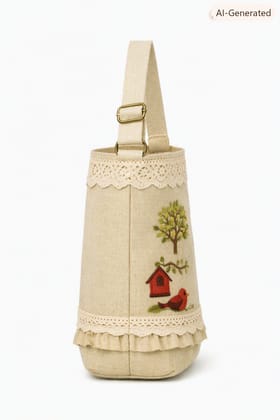 Embroidered Birdhouse and Tree Small Linen Bag with Lace Trim