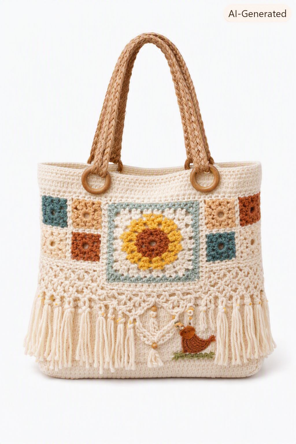 Embroidered Birdhouse and Tree Small Linen Bag with Lace Trim