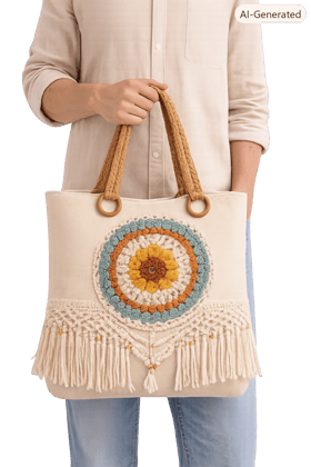 Embroidered Birdhouse and Tree Small Linen Bag with Lace Trim