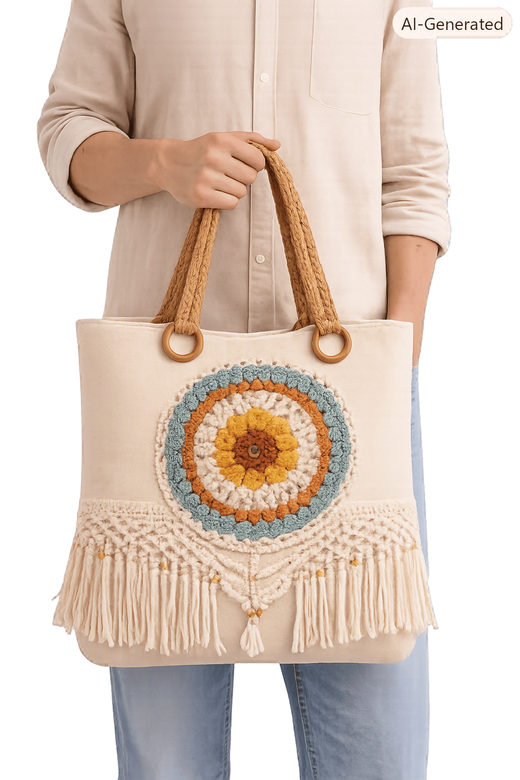 Embroidered Birdhouse and Tree Small Linen Bag with Lace Trim