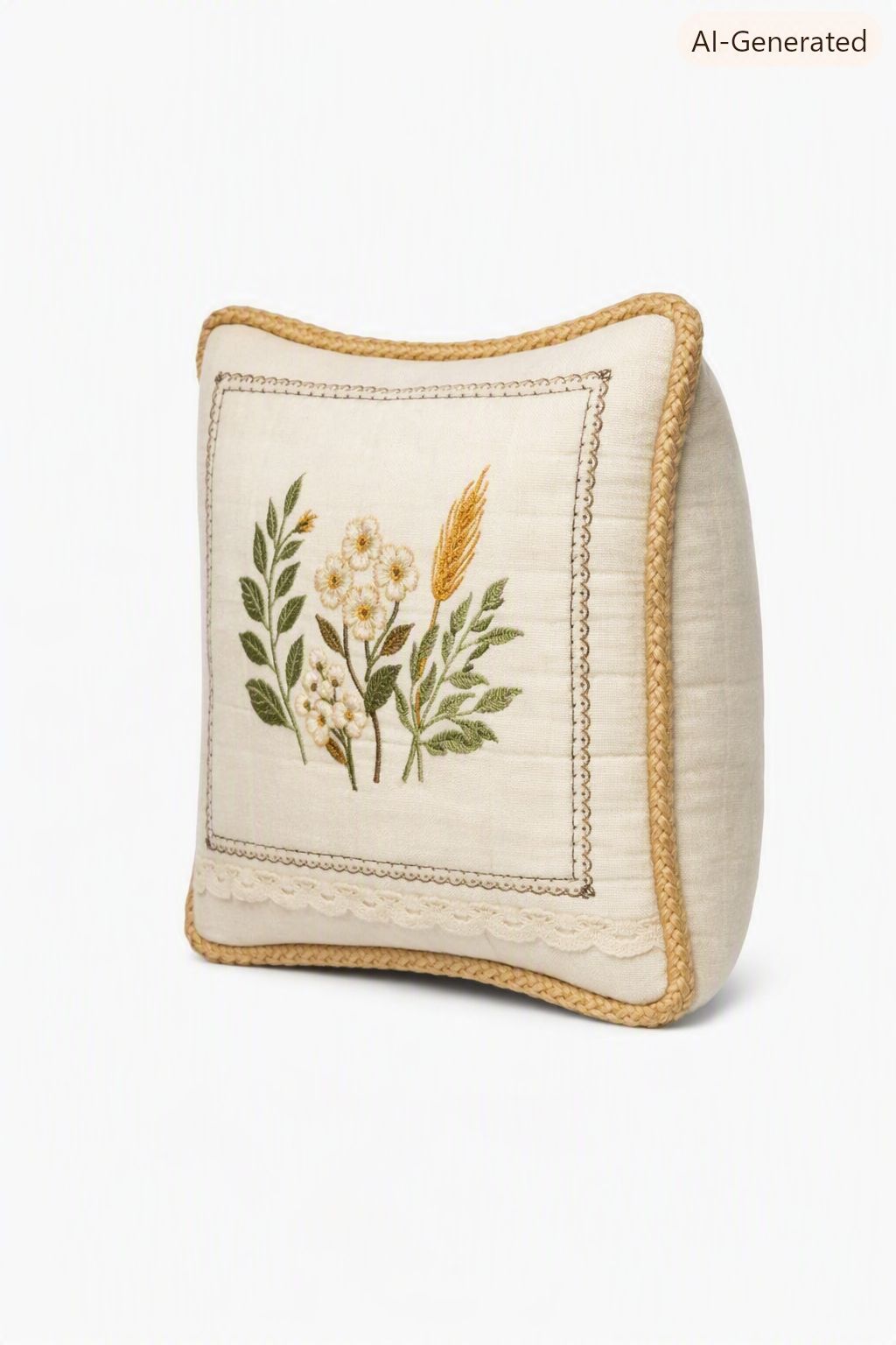 Embroidered Floral & Wheat Cotton Throw Pillow with Braided Trim