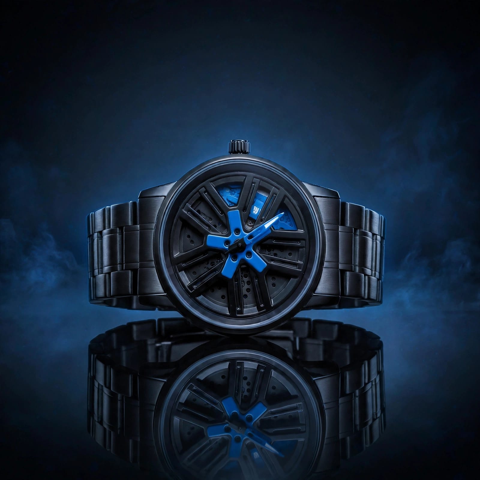 Black Alloy Car Rim Watch with Blue Brake Caliper Accent