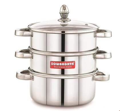 Sowbaghya Stainless Steel 3-Tier Induction Bottom Steamer/Modak & Momo Maker with Glass Lid | Heavy Gauge | Double-Riveted Stainless Steel Handles
