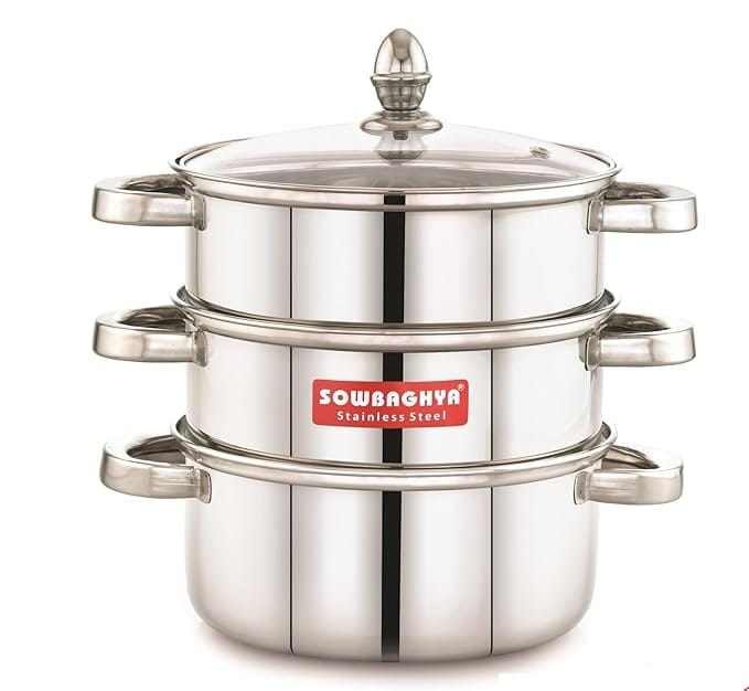 Sowbaghya Stainless Steel 3-Tier Induction Bottom Steamer/Modak & Momo Maker with Glass Lid | Heavy Gauge | Double-Riveted Stainless Steel Handles