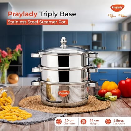 Praylady Triply Base Stainless Steel Steamer Pot | 24 cm | 3.8 L | 3-Tier Steamer for Idli, Momos, Dumplings, Modak & Pasta | ISI Certified | Induction & Gas Compatible