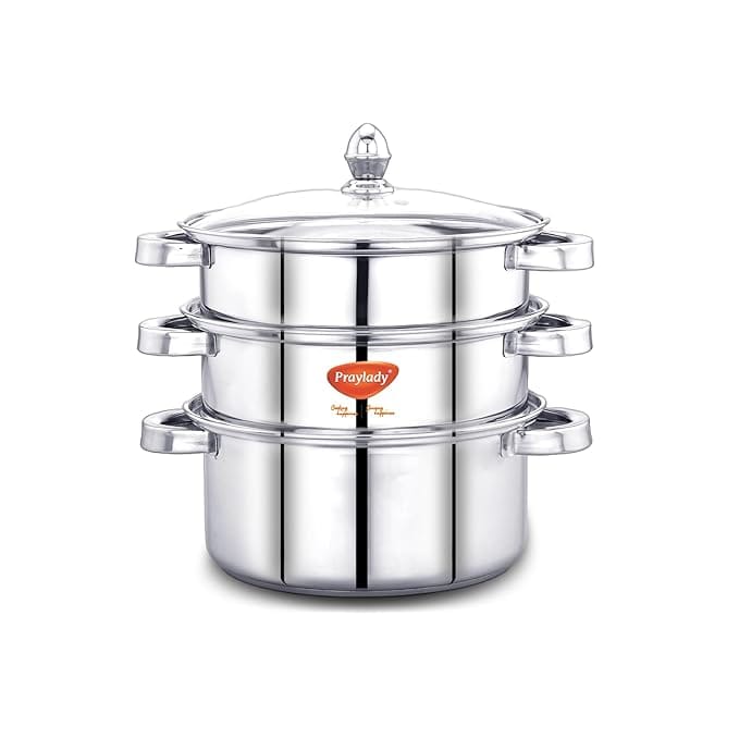 Praylady Triply Base Stainless Steel Steamer Pot | 24 cm | 3.8 L | 3-Tier Steamer for Idli, Momos, Dumplings, Modak & Pasta | ISI Certified | Induction & Gas Compatible