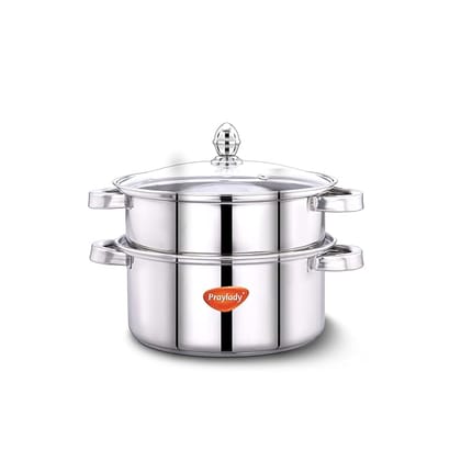 Praylady Triply Base Stainless Steel Steamer Pot | 20 cm | 2.0 L | 2-Tier | ISI Certified | Multi-Use for Idli, Momos, Modak, Vegetables, Pasta & Biryani | Gas, Induction Compitable