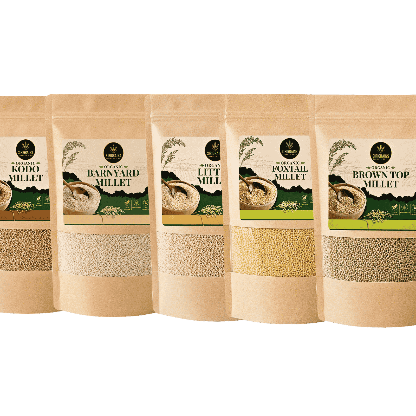 SiriGrains Millet Combo Pack (5 x 500g) | Foxtail, Barnyard, Little, Kodo & Browntop Whole Millets | Unpolished Variety Pack | Total 2.5kg