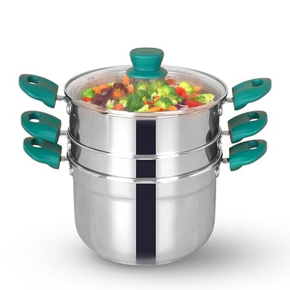 The Indus Valley Stainless Steel Steamer For Rice - 21cm, 3 tier | Veggies/Idiyappam/Modak/Momo/Rice/Briyani Pot/Pasta Pot | Gas & Induction Friendly | 3-Layer Thick Bottom