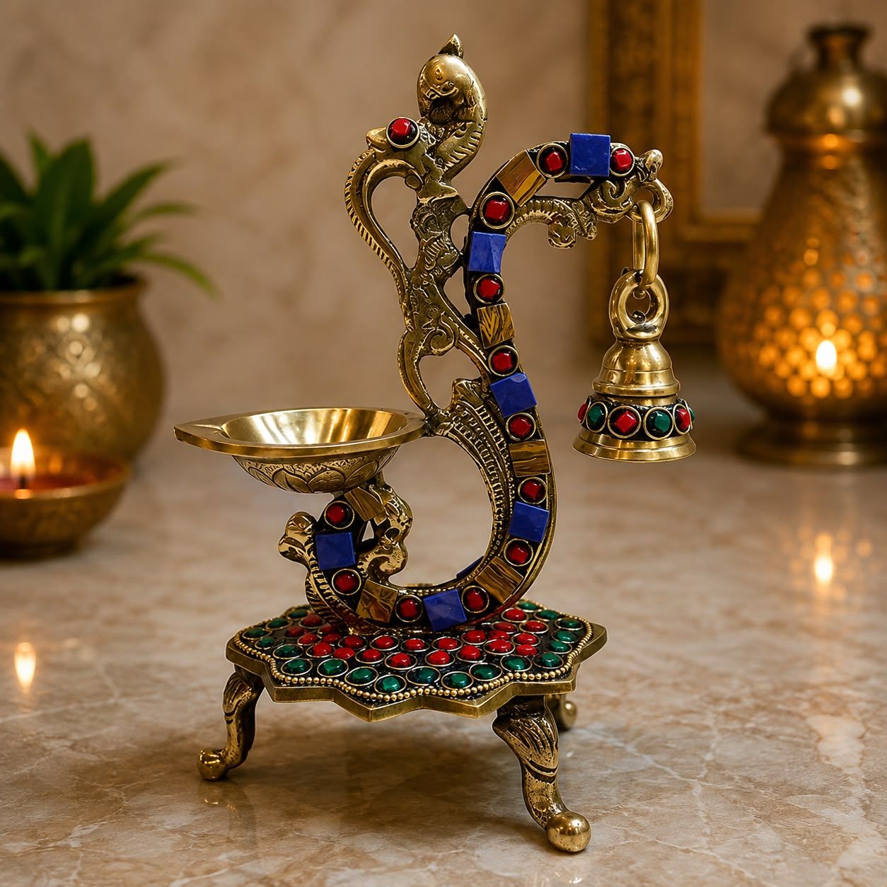 Moradabad Metal Craft Peacock Trinity Brass Diya with Bell