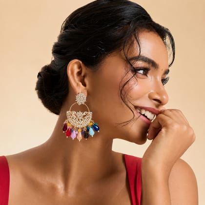 Traditional Gold-Plated Multicolor Crystal Chandbali Earrings for Women & Girls | Premium Stone Studded Ethnic Statement Earrings | Bridal, Wedding, Party, Festive & Puja Wear | Lightweight Fashion Jewellery