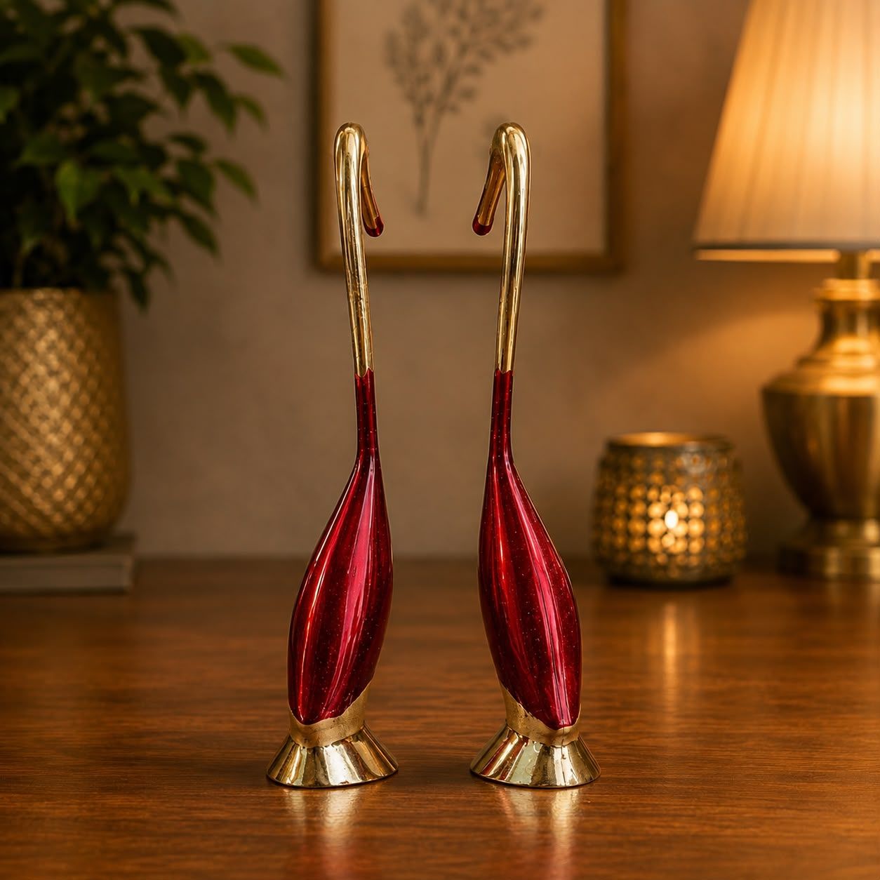Moradabad Metal Craft Brass Love Bird Saras Pair Showpiece Red set of 2