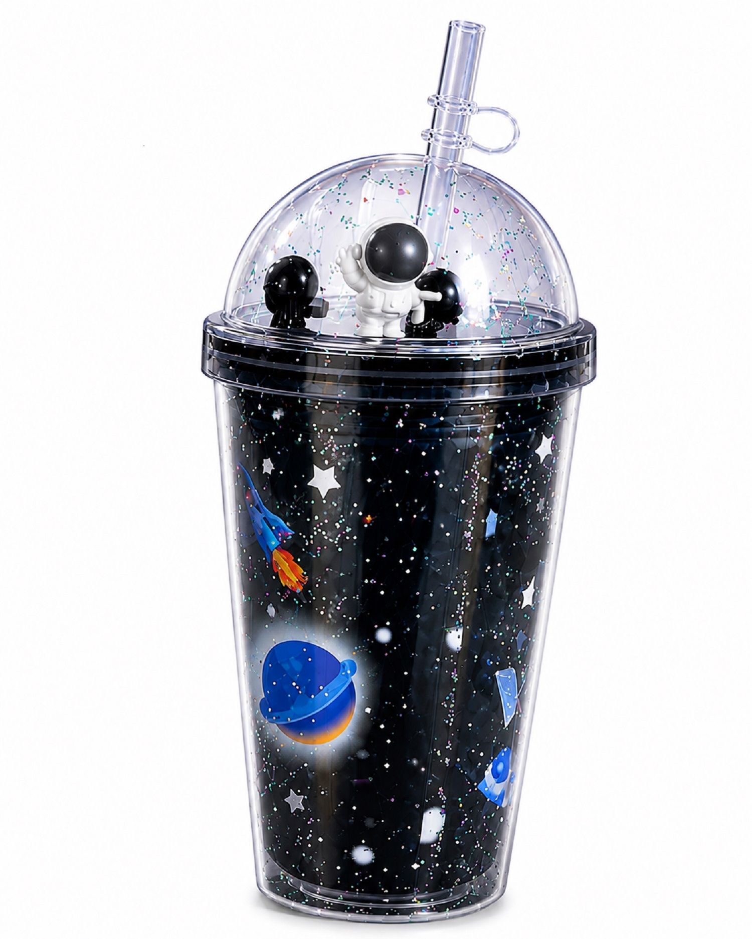 KTRS ENTERPRISE Space Explorer Glitter Tumbler 450ML| Double Wall BPA Free Kids Water Bottle with Straw & Dome Lid | Space Astronaut Reusable Cold Drink Cup | Leak Resistant Galaxy Tumbler  1 Pic