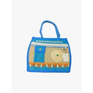 White Blue Premium Jute Multipurpose Bag For Women