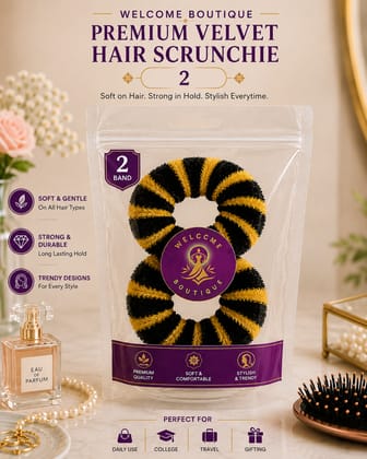 Welcome Boutique Premium Velvet Hair Scrunchie | Soft Stretchable Hair Band for Women & Girls | Strong Elastic Hair Tie | Stylish Ponytail Holder | Black & Yellow | Pack of 2