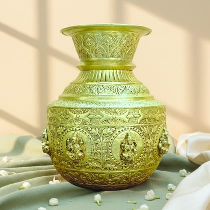 Sukh Sehaj Ashtalakshmi Kalash, Brass, Handcrafted, 11.0 Inch Height, Antique Yellow Finish, Pooja Vessel for Home Decor, Pooja Ritual and Gifting