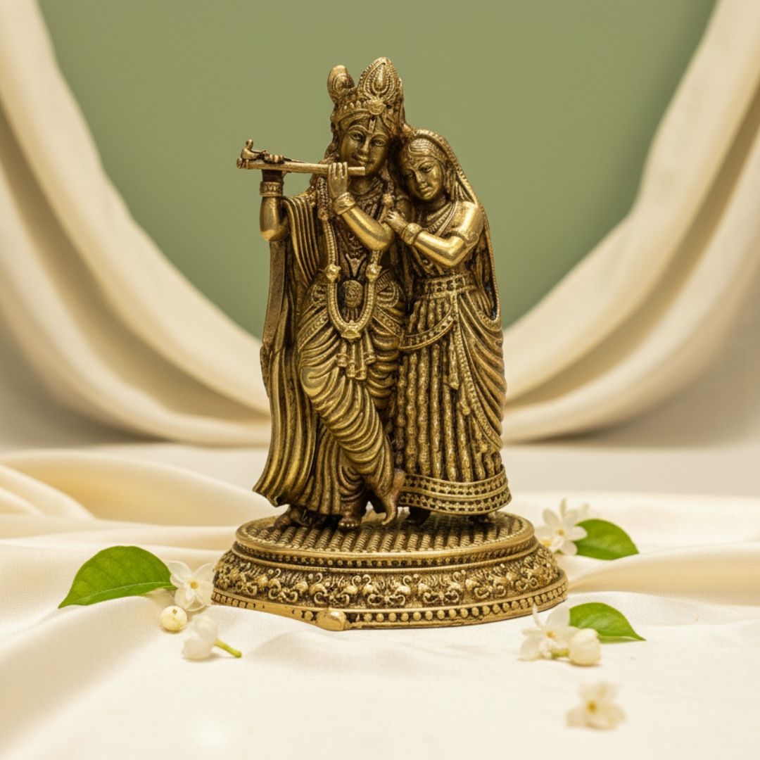 Sukh Sehaj Shree Radha Krishna Murti | Brass Murti | Handcrafted, Antique Yellow Finish, 3.3 Inch Height for Home Temple, Decor, Pooja Ritual and Gifting