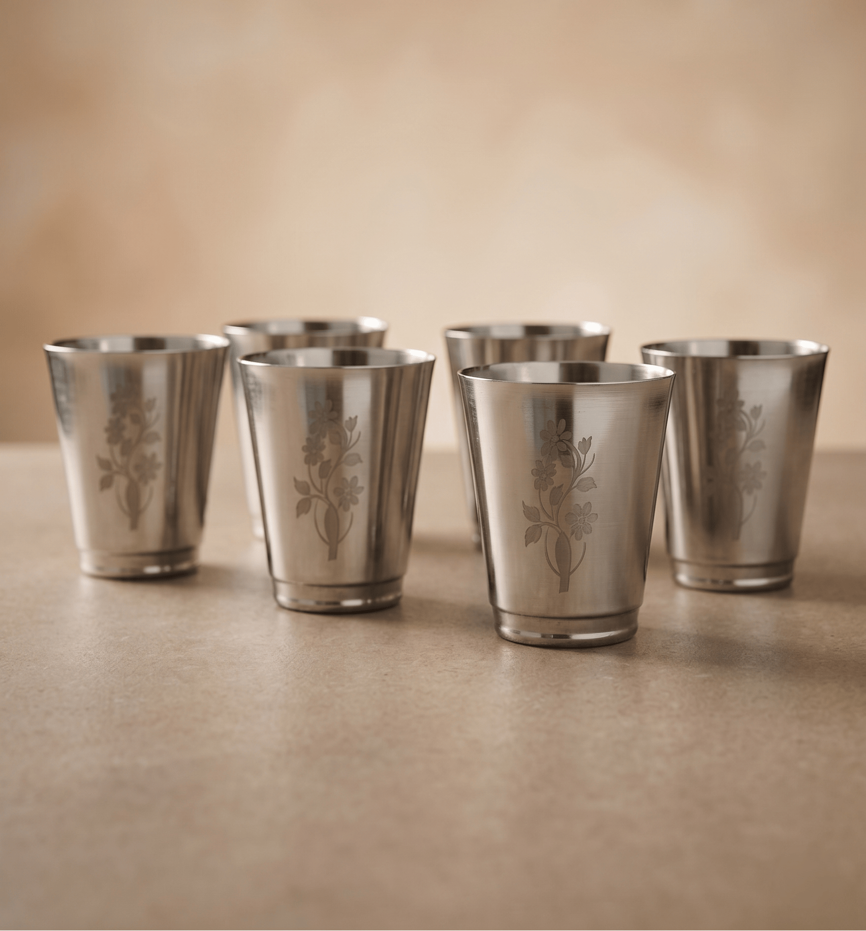 WEKTU Premium Stainless Steel Glass Set of 6 with Floral Laser Engraving