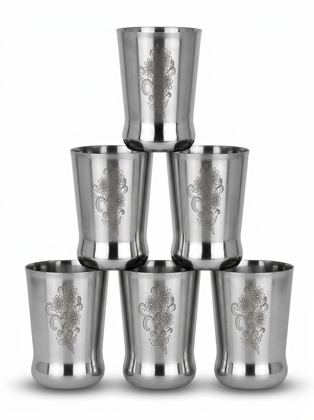 WEKTU Royal Floral Engraved Stainless Steel Water Glass Set of 6 WEKTU Royal Floral Engraved Stainless Steel Water Glass Set of 6