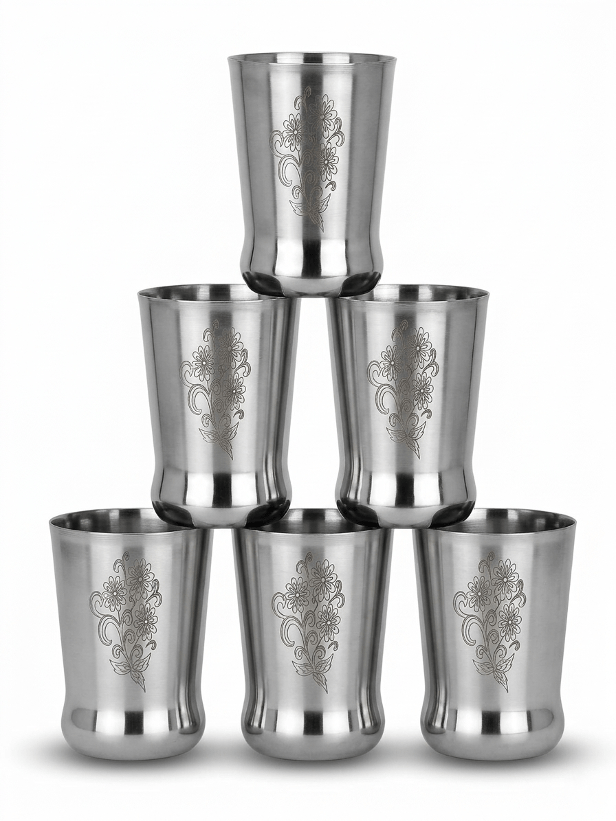 WEKTU Royal Floral Engraved Stainless Steel Water Glass Set of 6