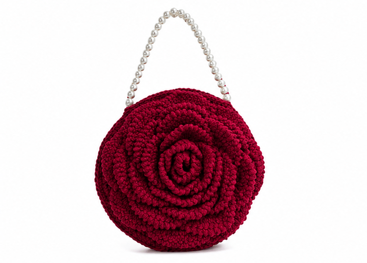 Handcrafted Crochet Rose Handbag with Pearl Handle