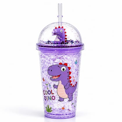 KTRS Enterprise 450ML Kids Glitter Tumbler with Straw & Dome Lid | Blue Dinosaur Reusable Sipper Cup | BPA Free Double Wall Ice Crystal Cup | Leakproof Drinking Bottle for Boys & Girls | School
