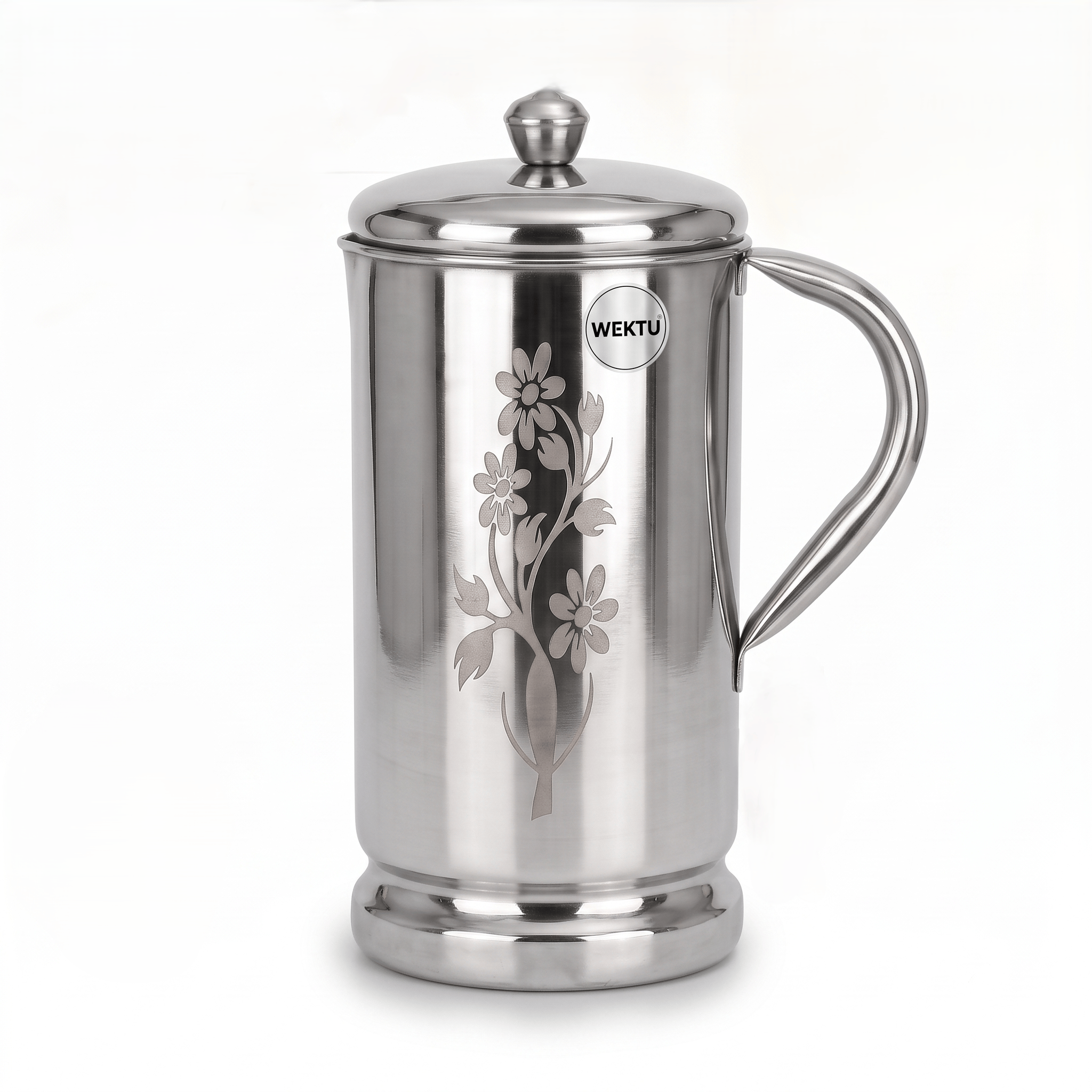 WEKTU Premium Stainless Steel Water Jug with Lid (2.0 Litres) – Laser Floral Engraved Heavy Duty Water Pitcher, Leak-Proof & Rust-Proof Container for Home, Kitchen & Dining Table