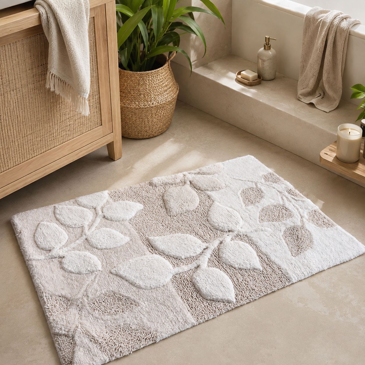 ALFIE Handmade Cotton Bath Rug | Natural | Hand Tufted | Soft & Absorbent Bathroom Mat | 50x80 cm