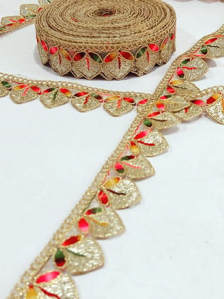 Multicolor Gota Patti Lace Border Sewing Embroidery Ribbon Trim Golden Zari Cutwork Fabric Decoration Craft Clothes 3 cm Width 9 Meter Roll For Saree Suit Bridal Dupatta Blouse Dress Choli Lehenga Anarkali Hijab Gown Kurti