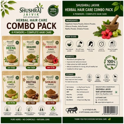 SHUSHRAJ JAIVIK Herbal Hair Care Combo Pack | Heena, Brahmi, Hibiscus, Amla, Reetha & Shikakai Powder | 6 × 80g | Total 480g